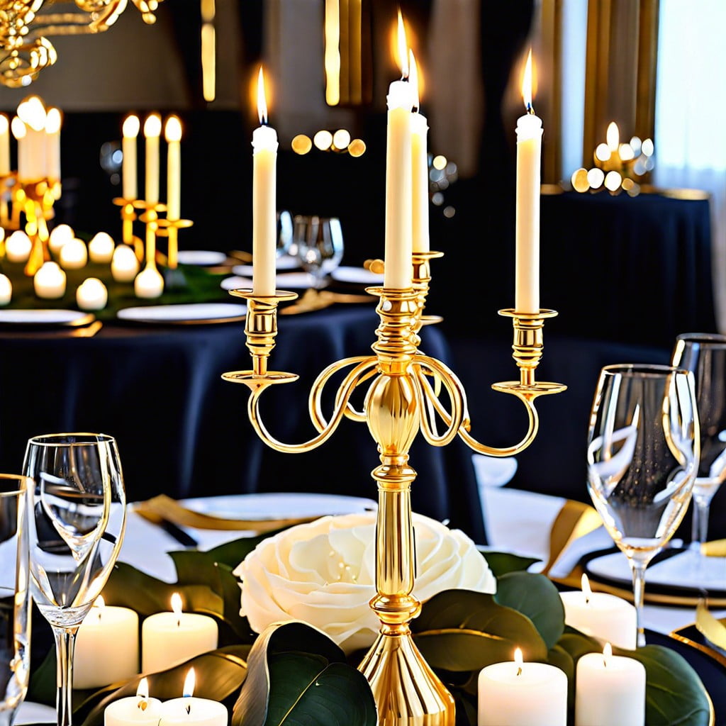 elegant candle arrangements with golden candelabras