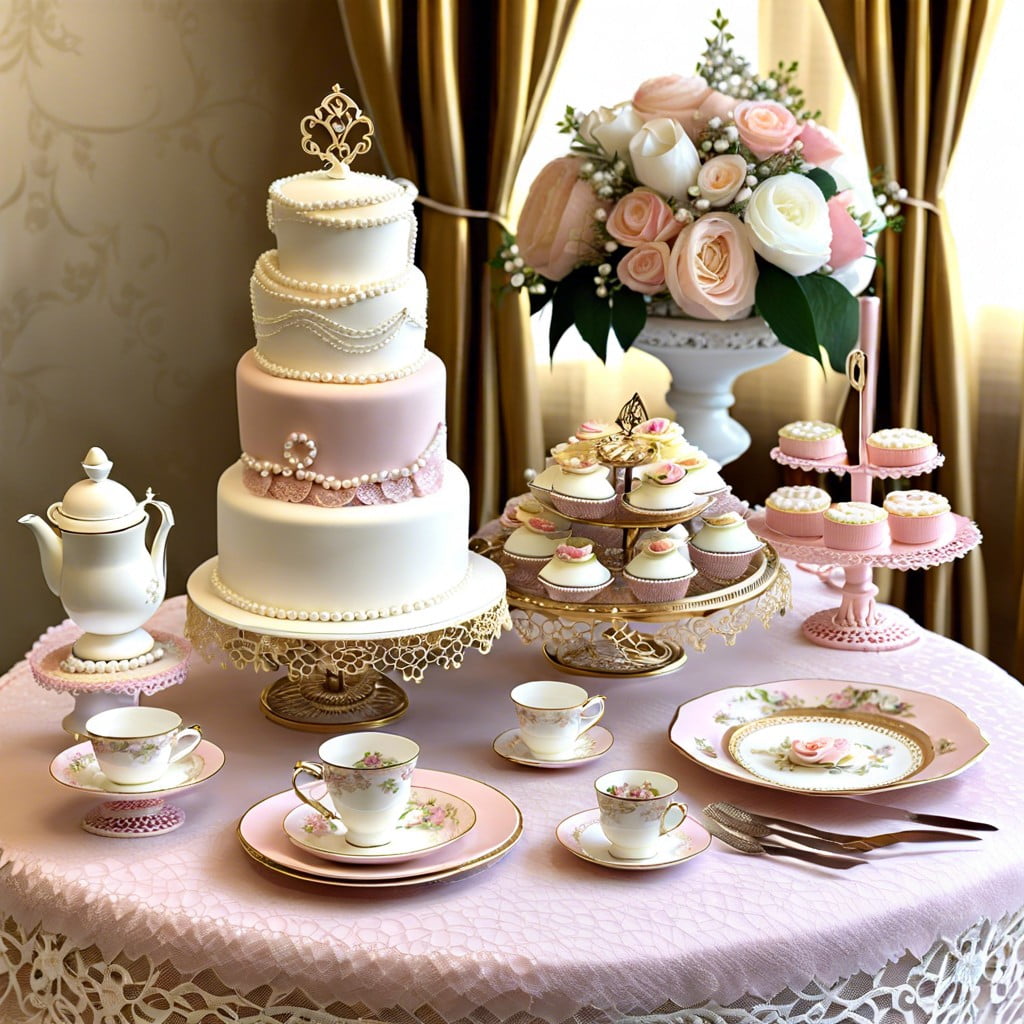 elegant tea party with lace and pearls