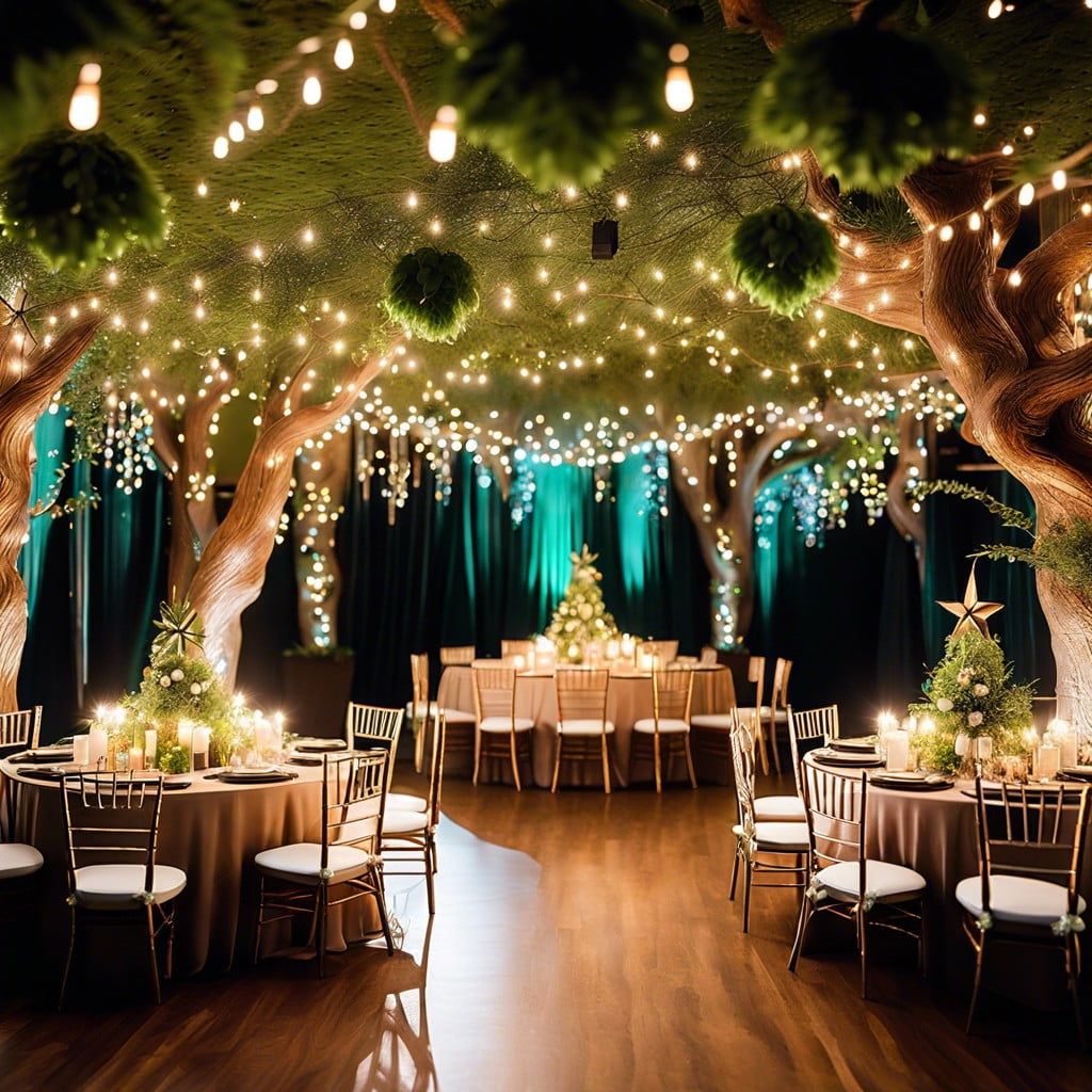 enchanted forest theme use lush greenery fairy lights and tree inspired decorations
