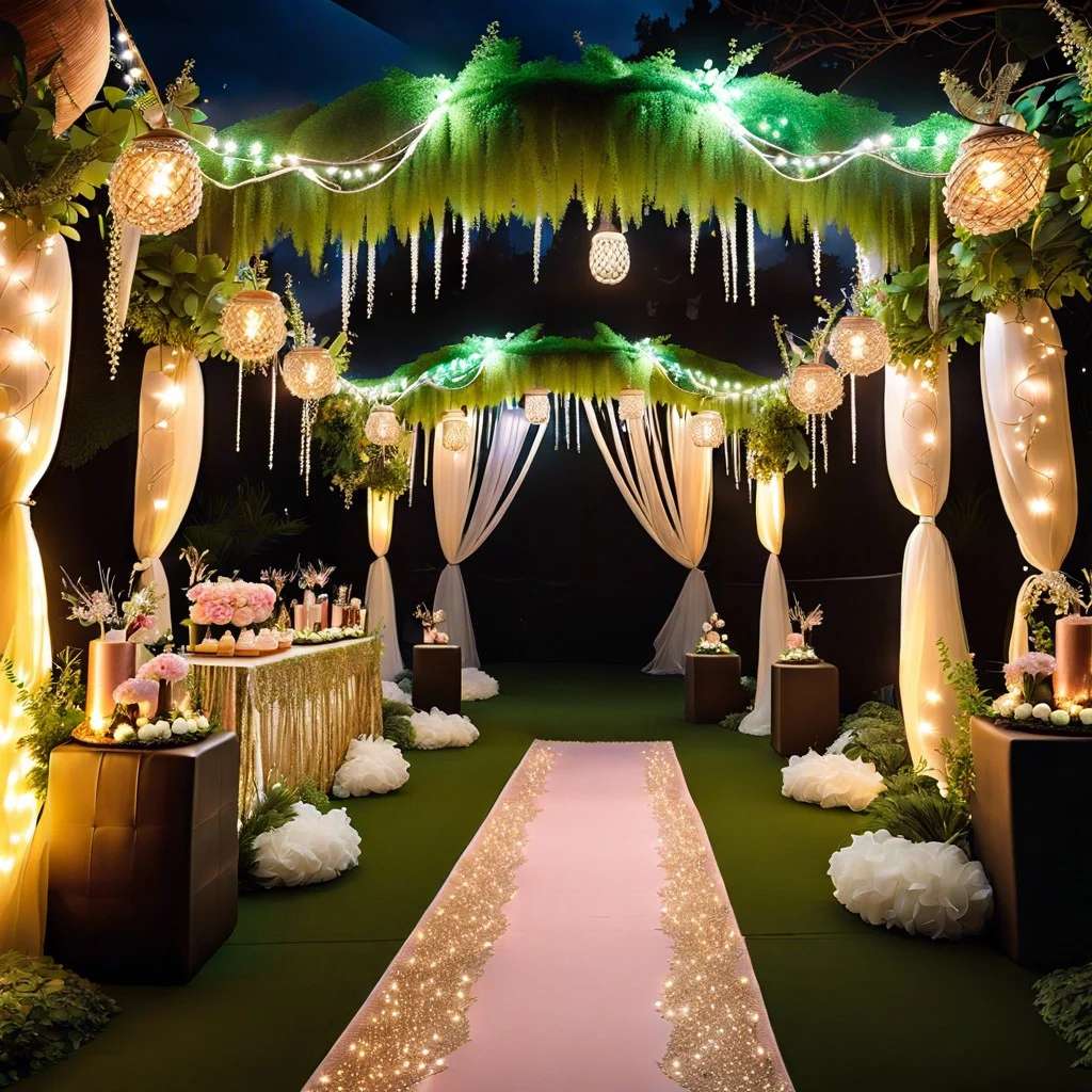 enchanted forest theme with fairy lights and greenery