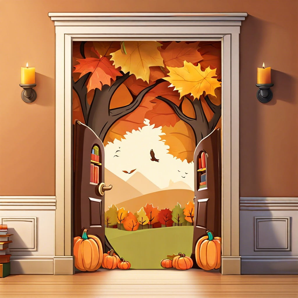 fall book nook design the door as a giant open book with autumn themed stories