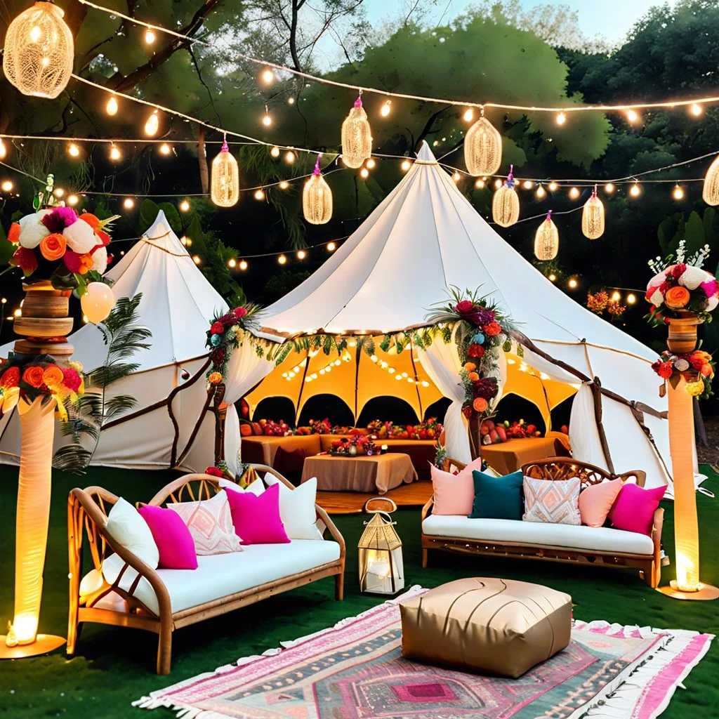 festival chic with boho tents fairy lights and casual seating