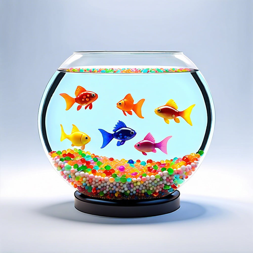 fishbowl with water beads and small floating figurines