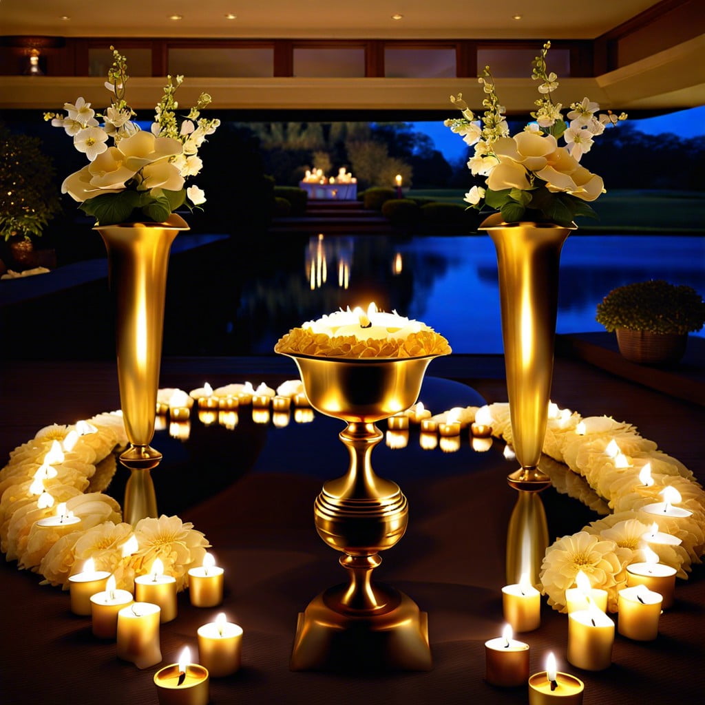 floating candles and flower petals in brass urns