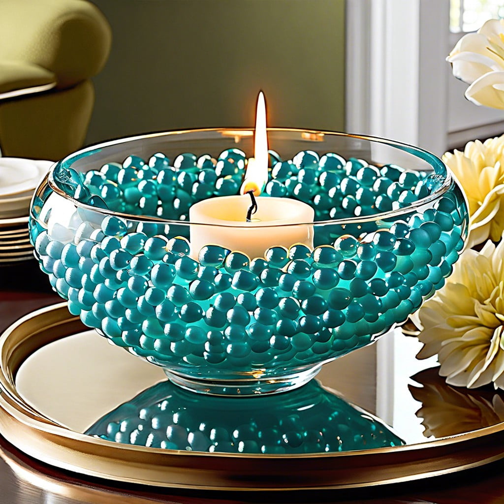 floating candles in water bead filled bowls