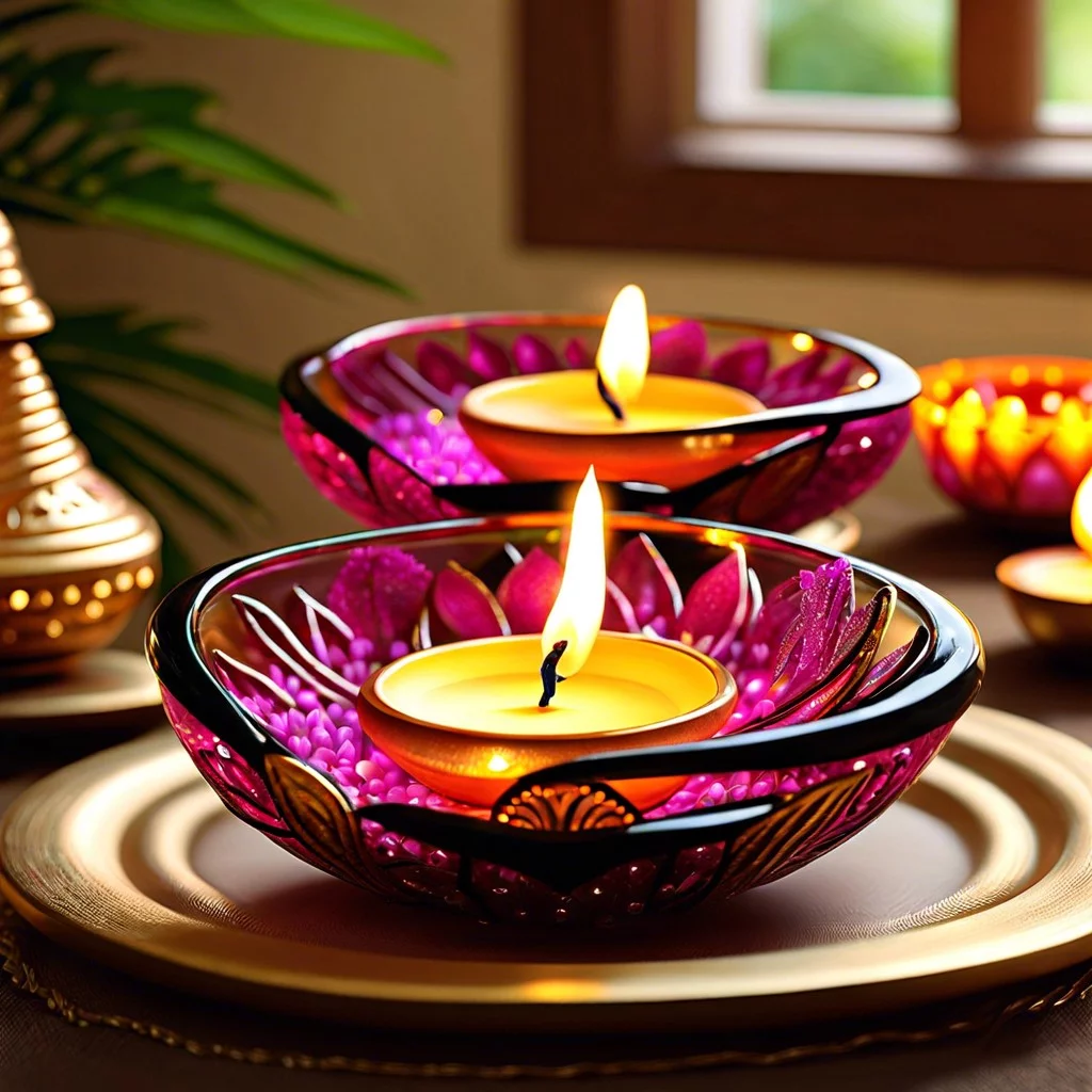 floating diya arrangements in glass bowls