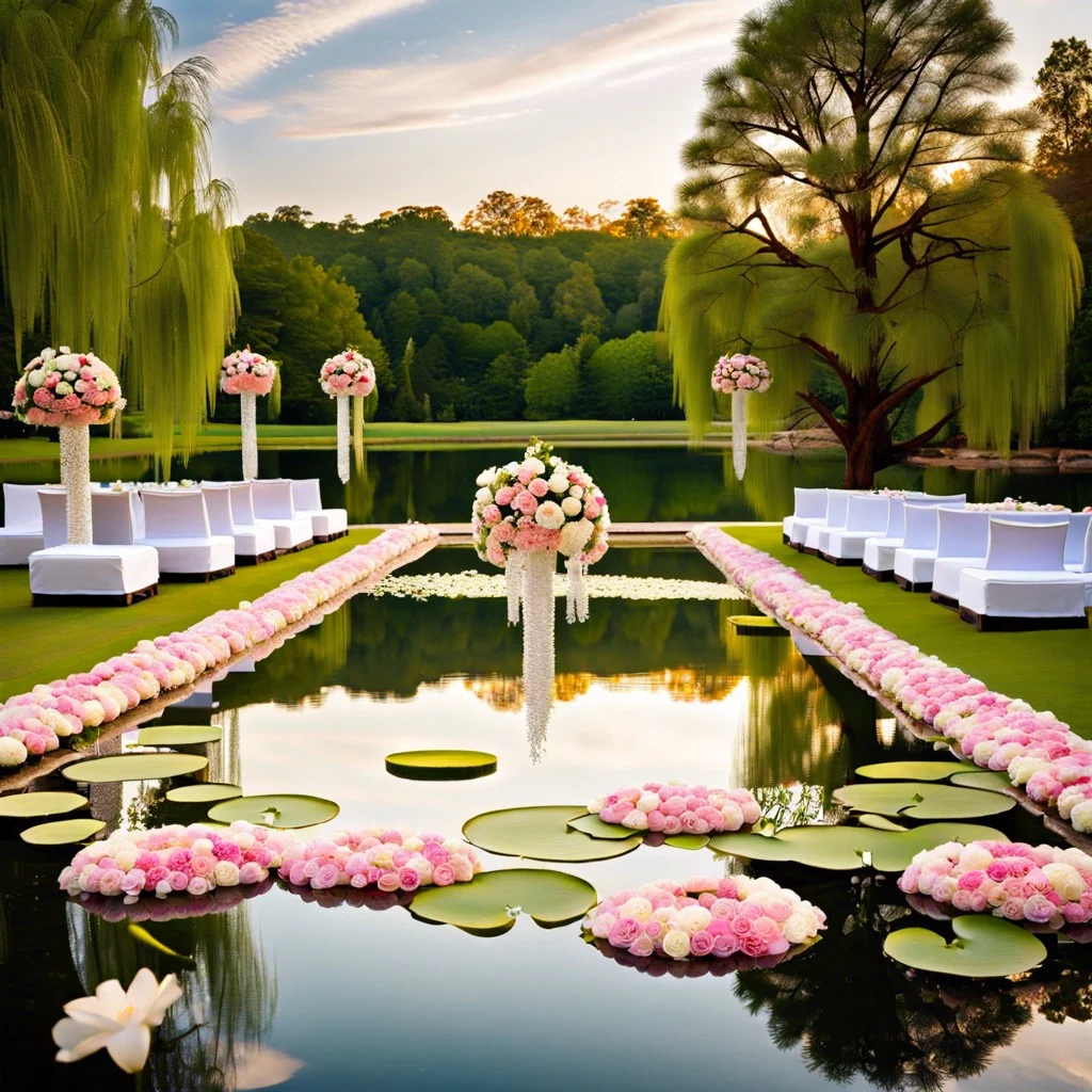 floating flower arrangements in a pond