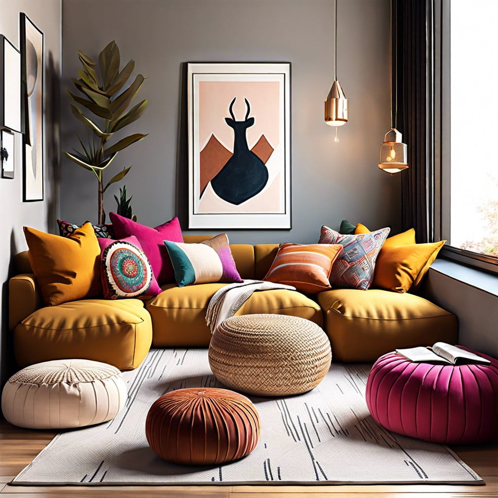 floor seating with vibrant throw pillows