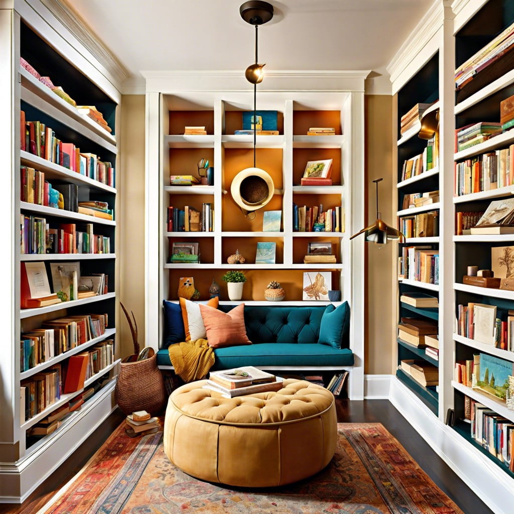 floor to ceiling bookshelves and a cozy reading nook