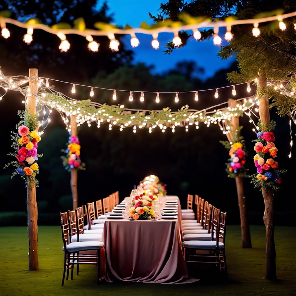 floral garlands and fairy lights strung between trees