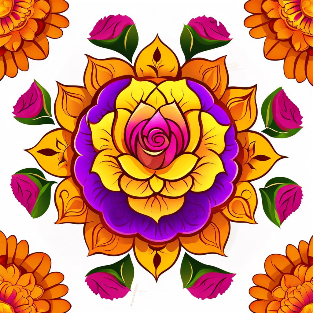 floral rangoli with marigold and rose petals
