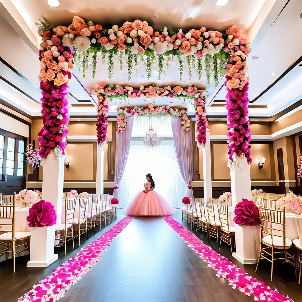 floral wonderland with hanging flower installations and petal strewn aisles