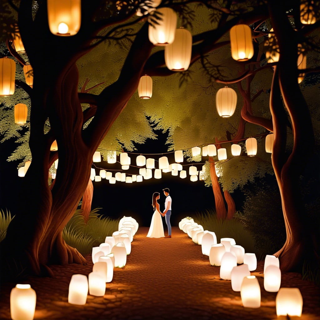 forest escape with a path lined with lanterns