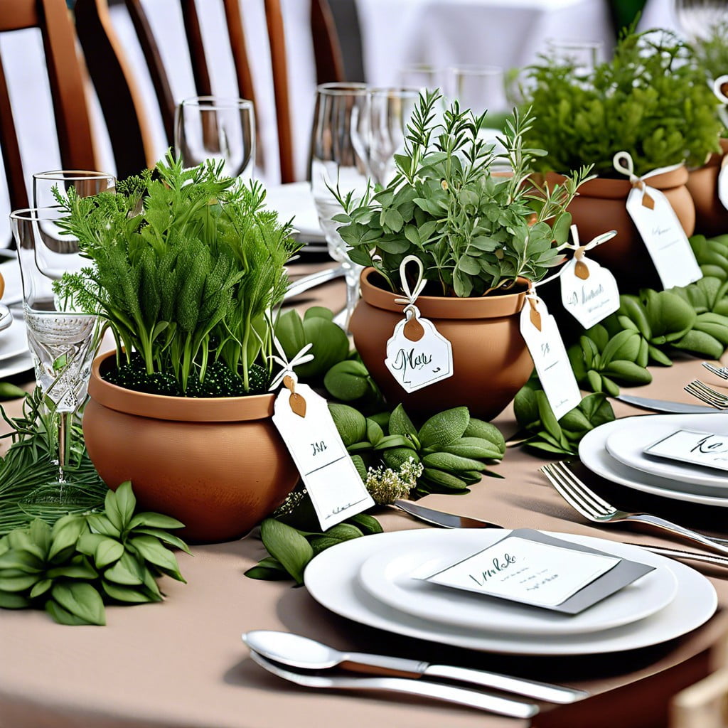 fresh herb pots with name tags for seating