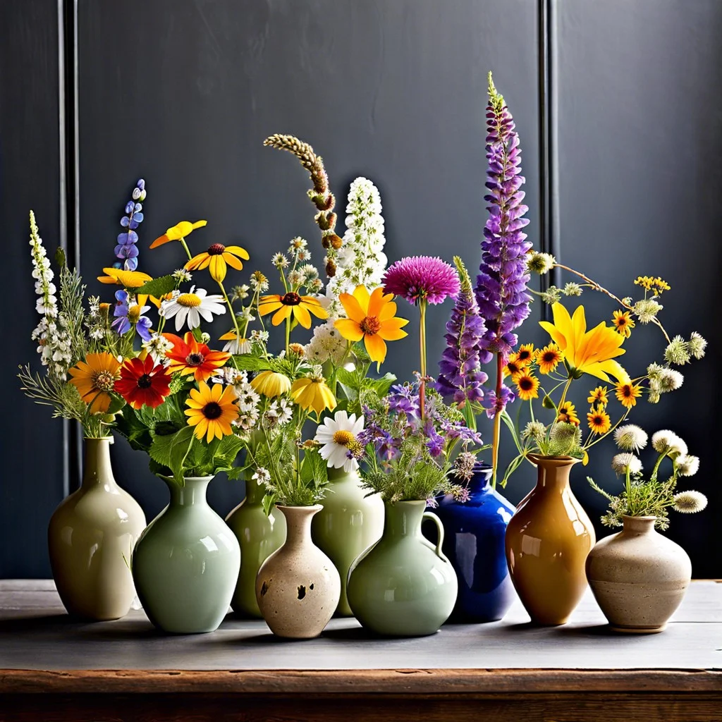 fresh wildflowers in mismatched vases