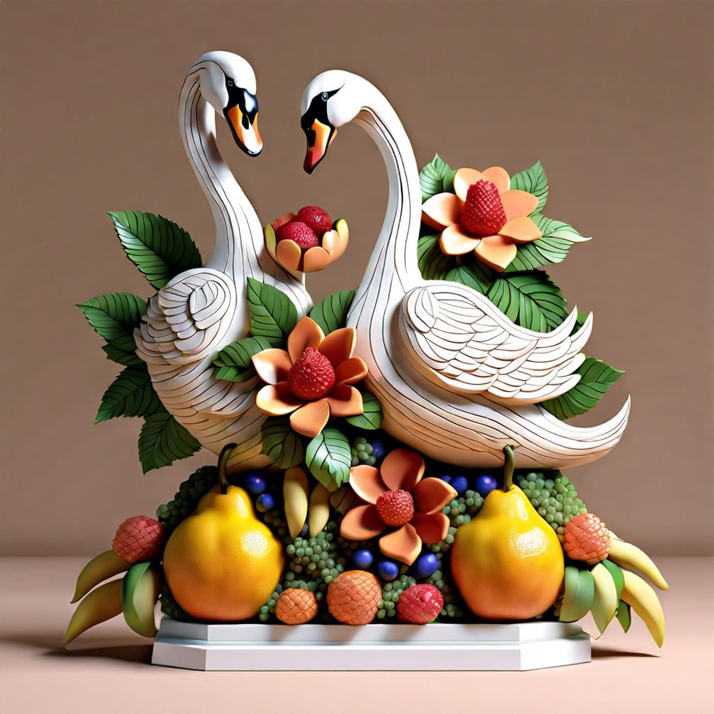 fruit sculptures swans flowers