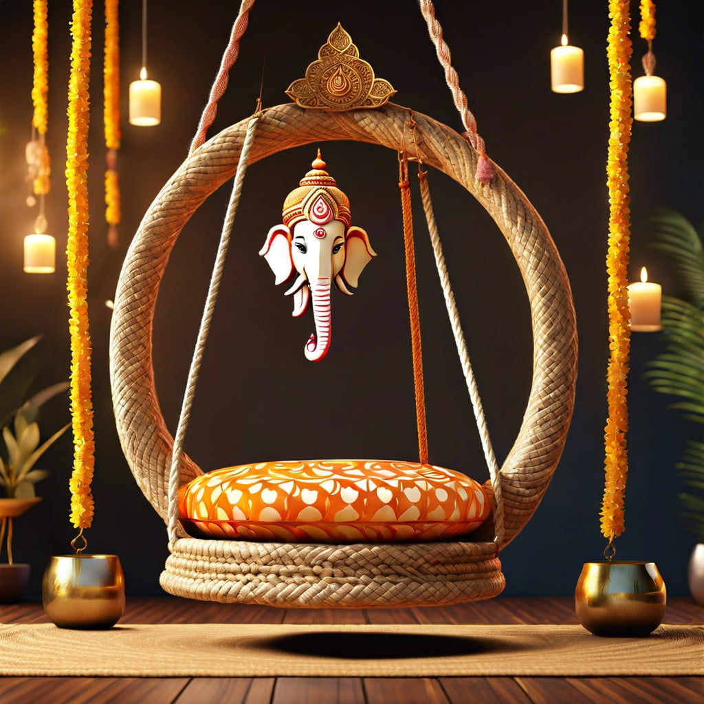 ganesha idol inside a decorative jute swing