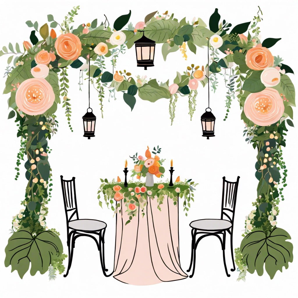 garden party floral garlands ivy covered tables and whimsical lanterns
