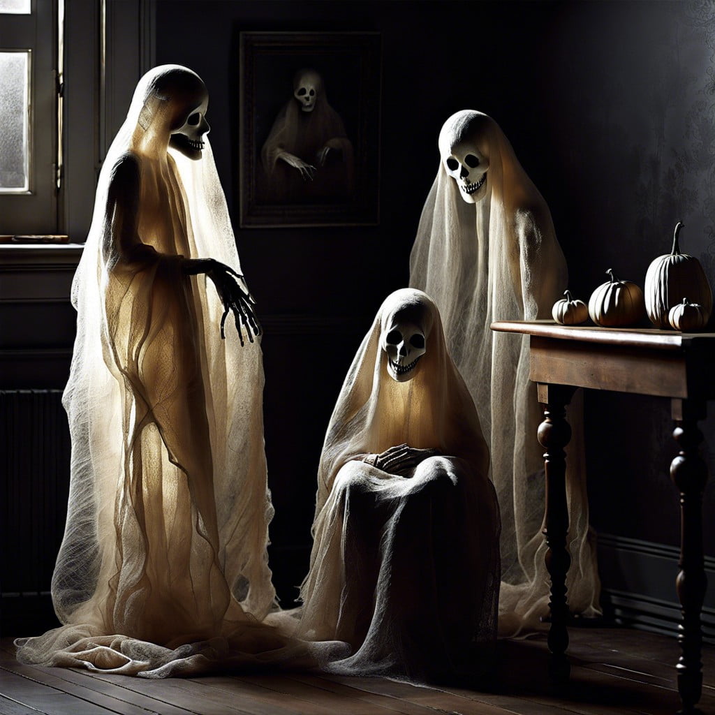 ghostly floating cheesecloth figures