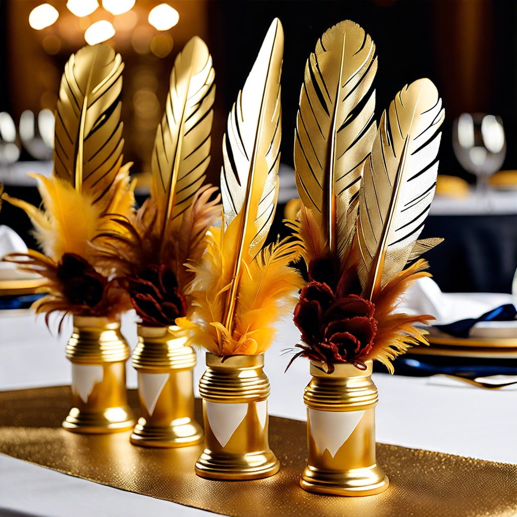 gold dipped feathers as table decor