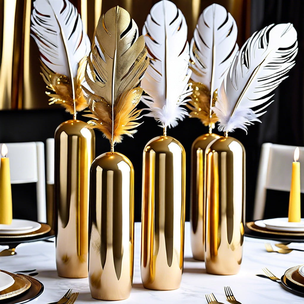 gold dipped feathers in tall vases