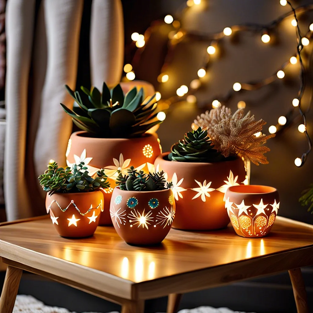 hand painted terracotta pots with fairy lights