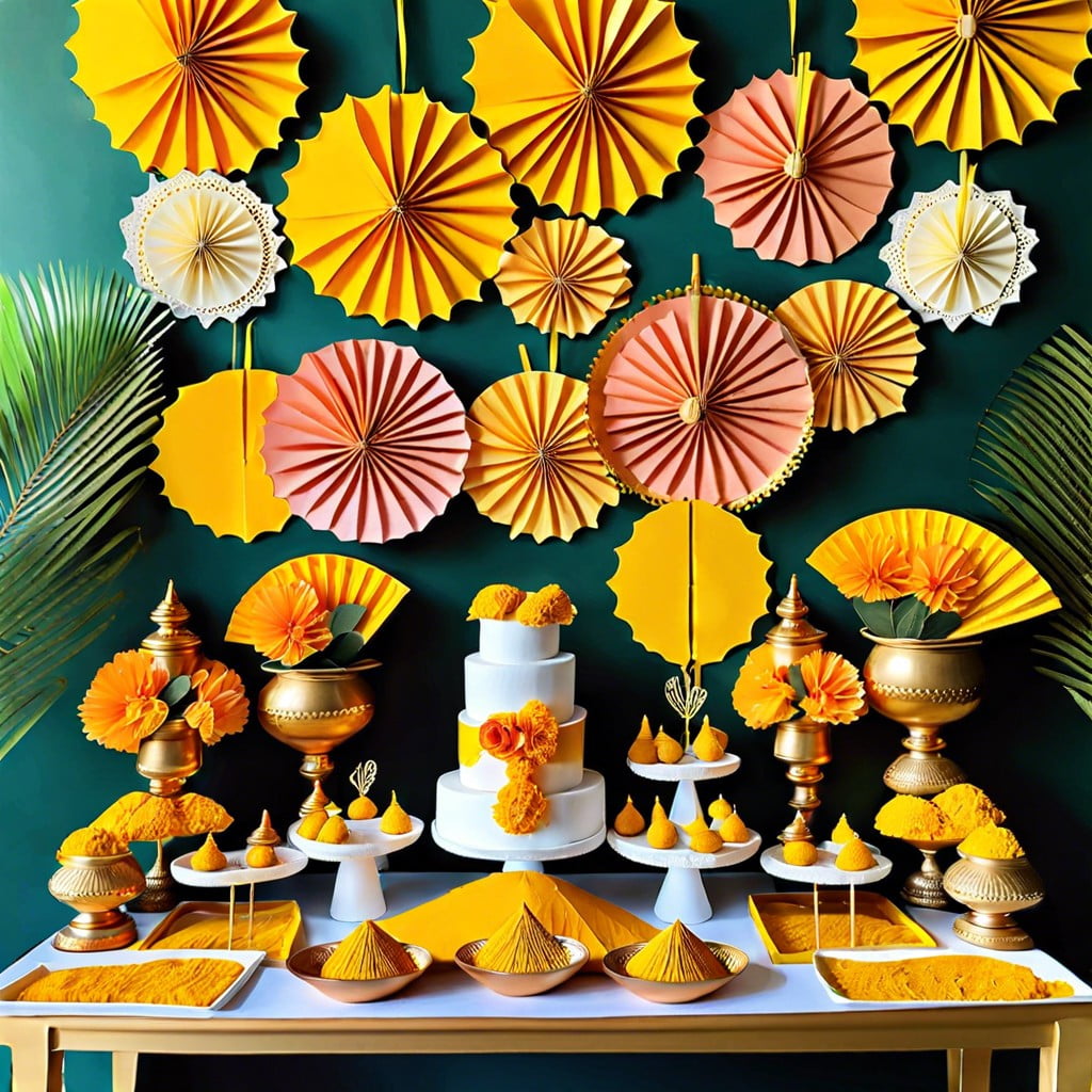 handmade paper fans and turmeric bombs for guests