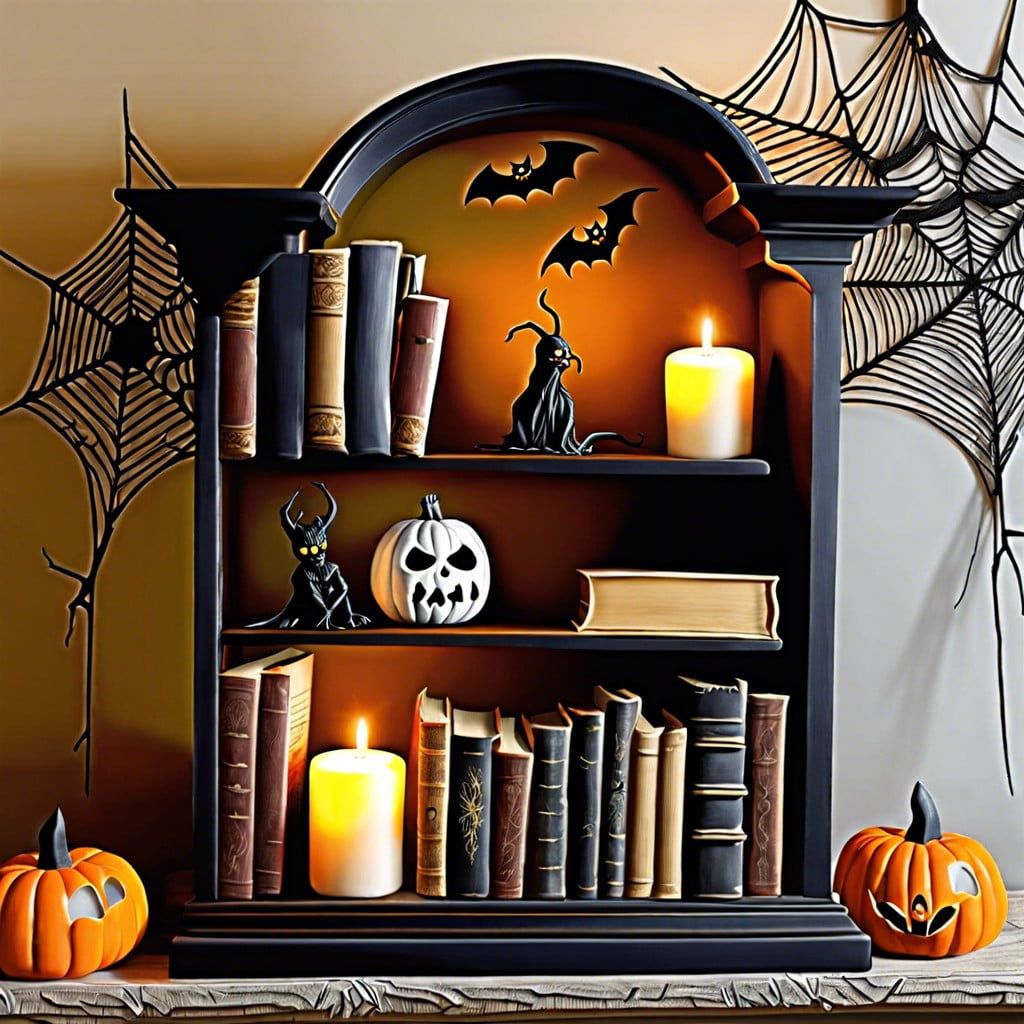 haunted bookshelf with cobwebs and old books