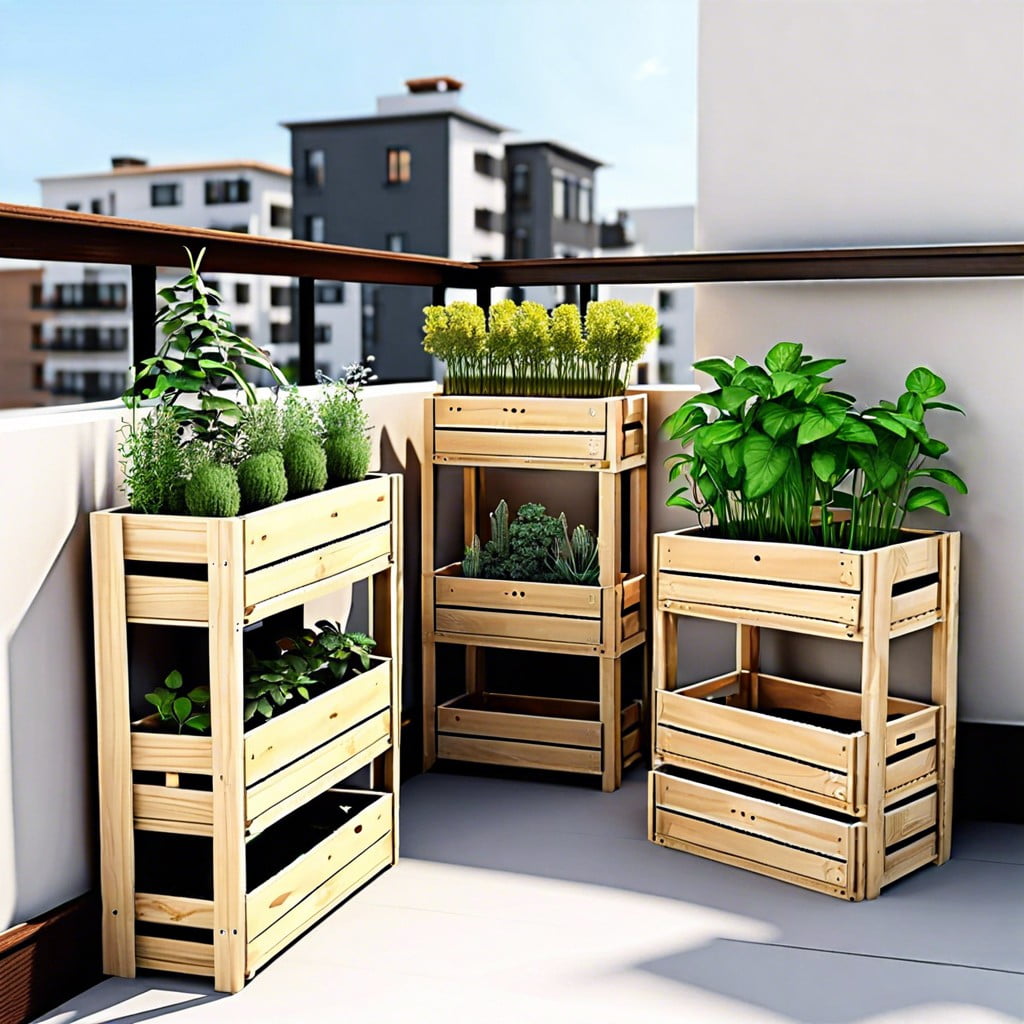 herb garden in wooden crates