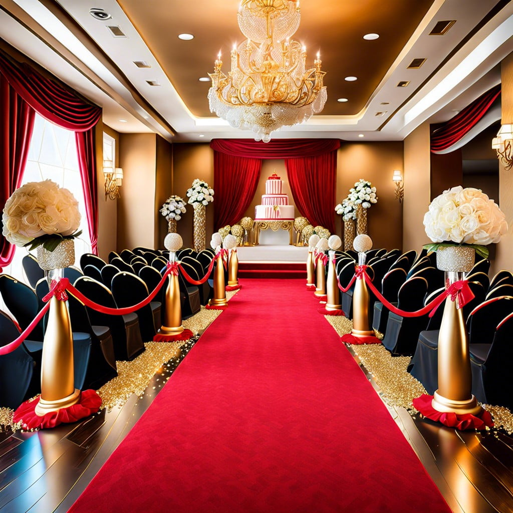 hollywood glam with red carpet aisles and gold accents
