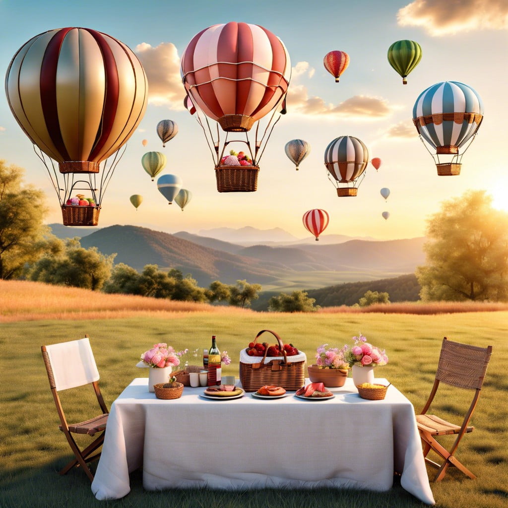 hot air balloon theme with miniature balloons and picnic setup
