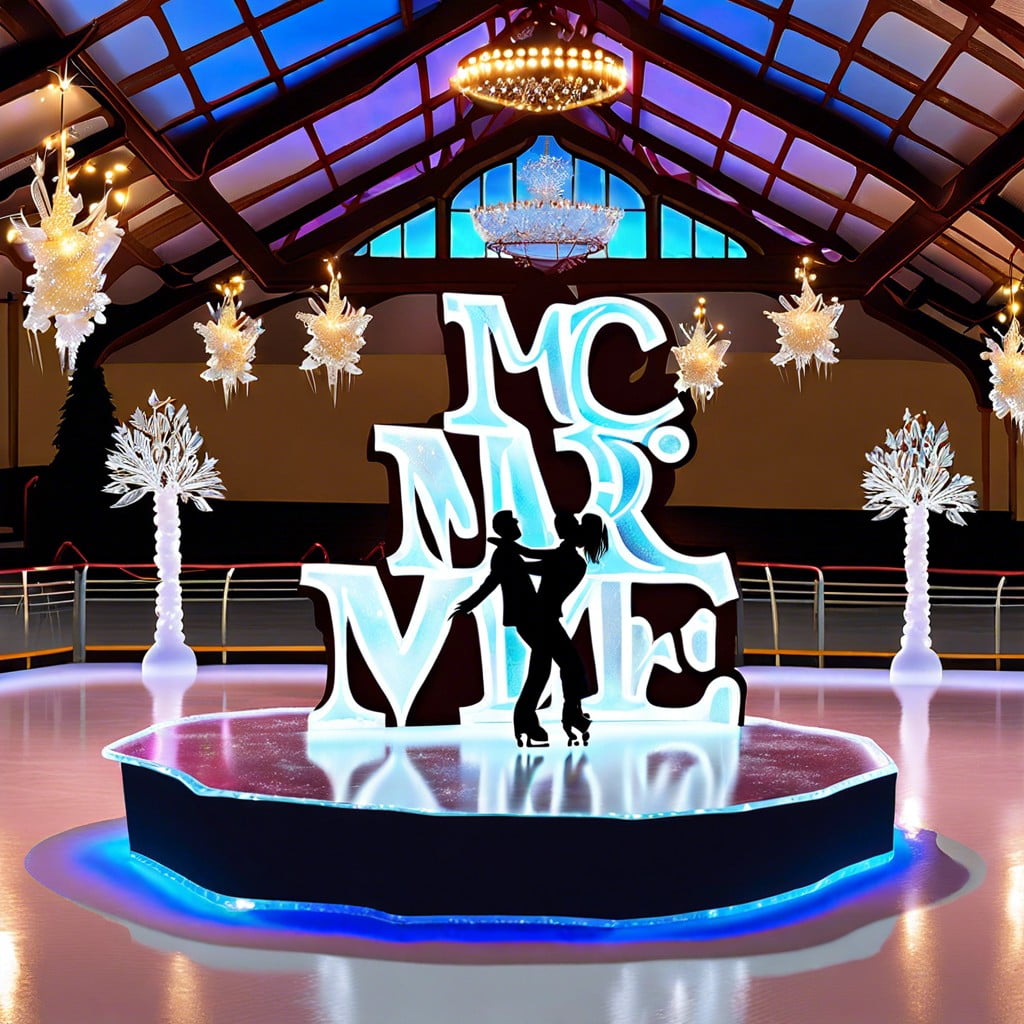 ice skating rink rental with marry me in ice sculpture