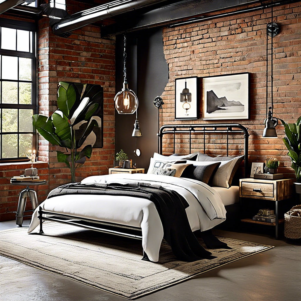 industrial chic with exposed brick walls and metal bed frames