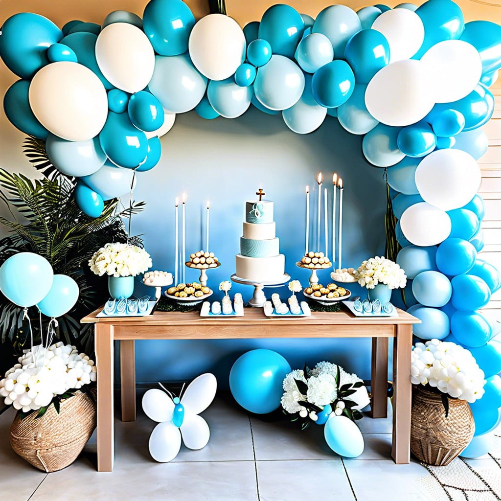 light blue and white balloon garlands