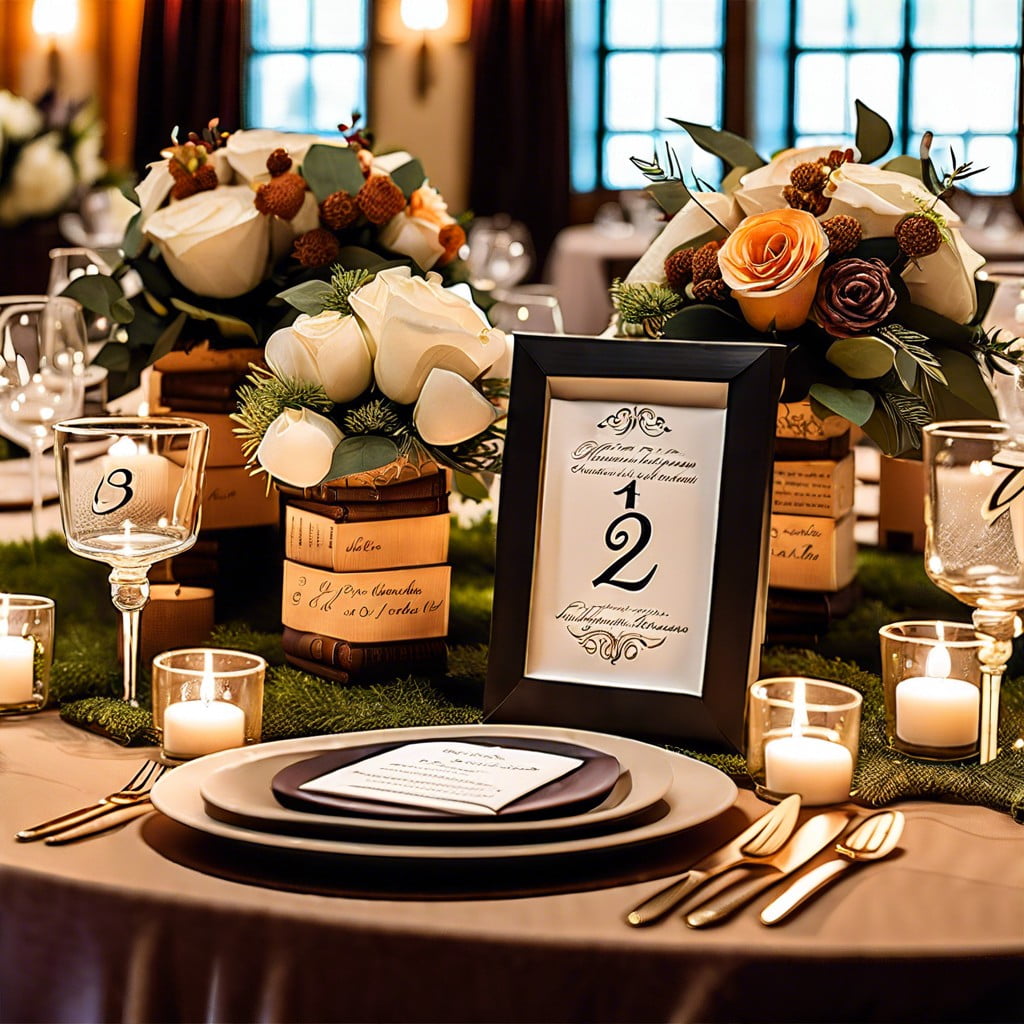 literary love books as centerpieces quotes as table numbers and library style setups