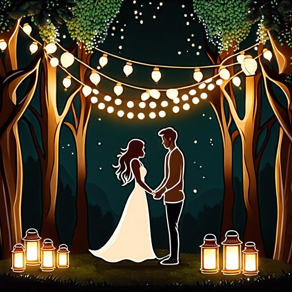 magical forest backdrop with fairy lights and lanterns