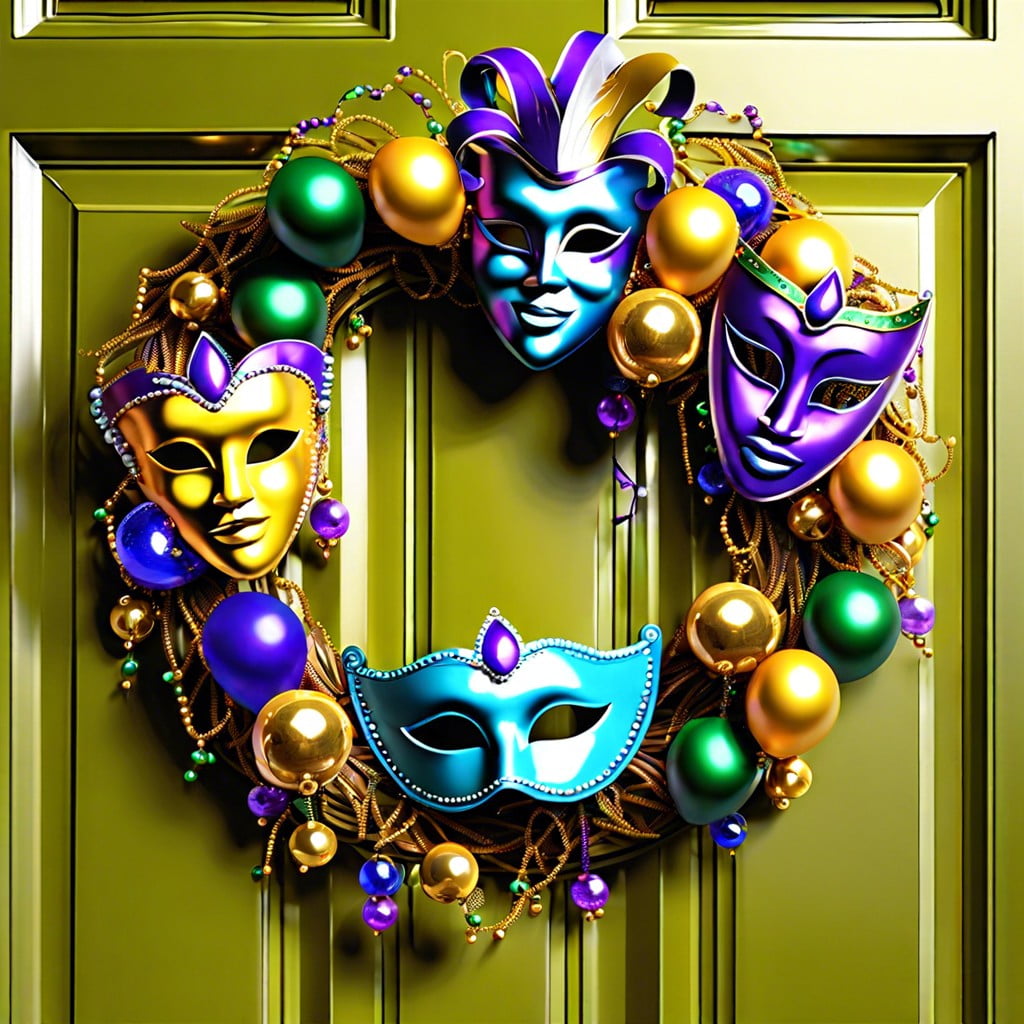 mardi gras wreath with beads and masks