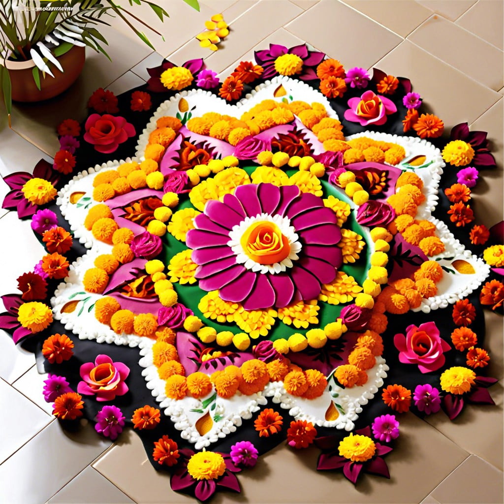 marigold and rose petal rangoli