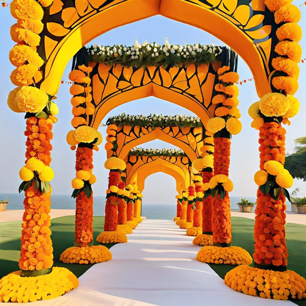 marigold floral arches and walkways