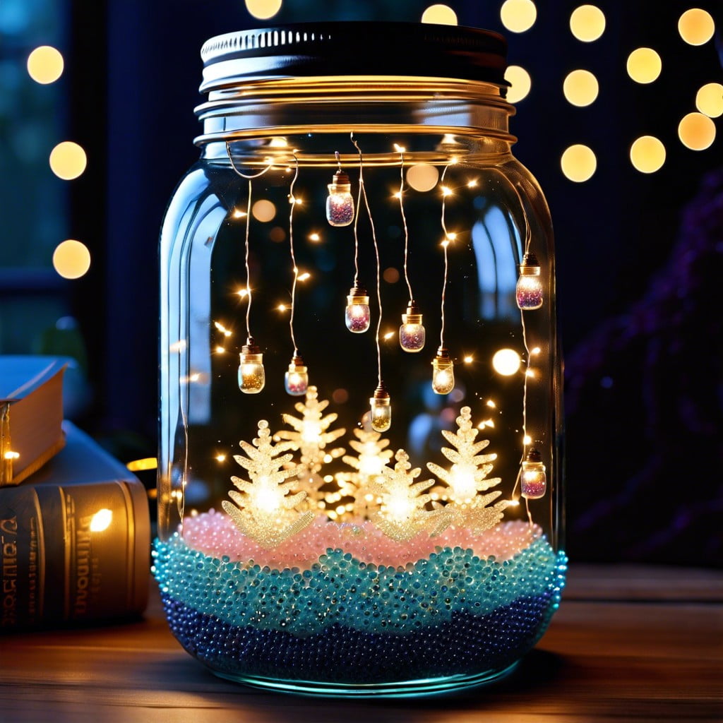 mason jars with water beads and fairy lights