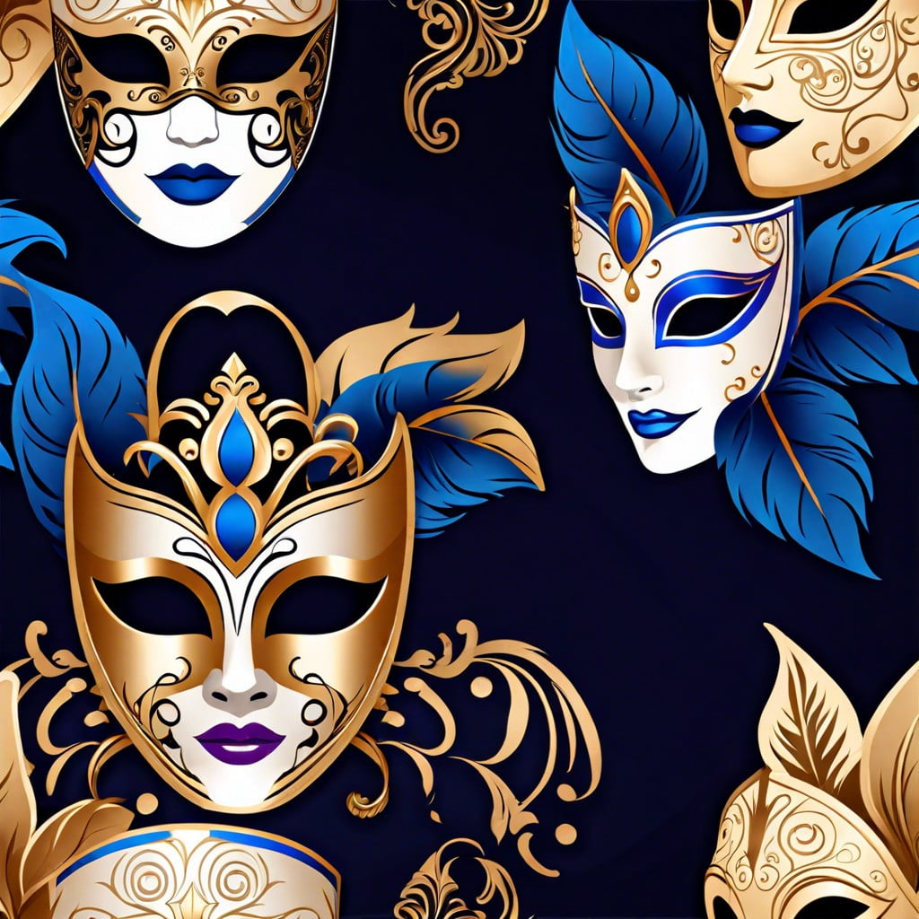 masquerade ball with ornate masks and deep royal colors
