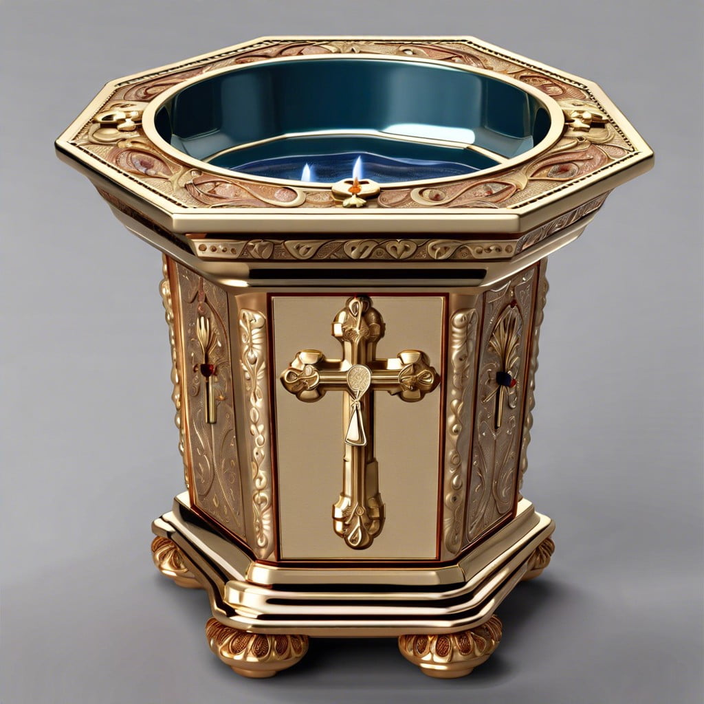 miniature baptismal fonts with holy water