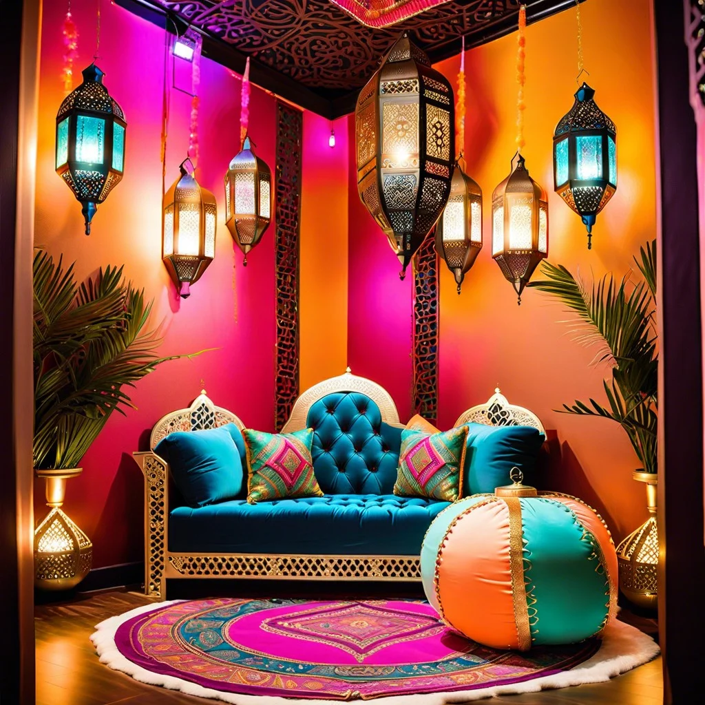 moroccan fantasy with colorful lanterns and plush lounge areas