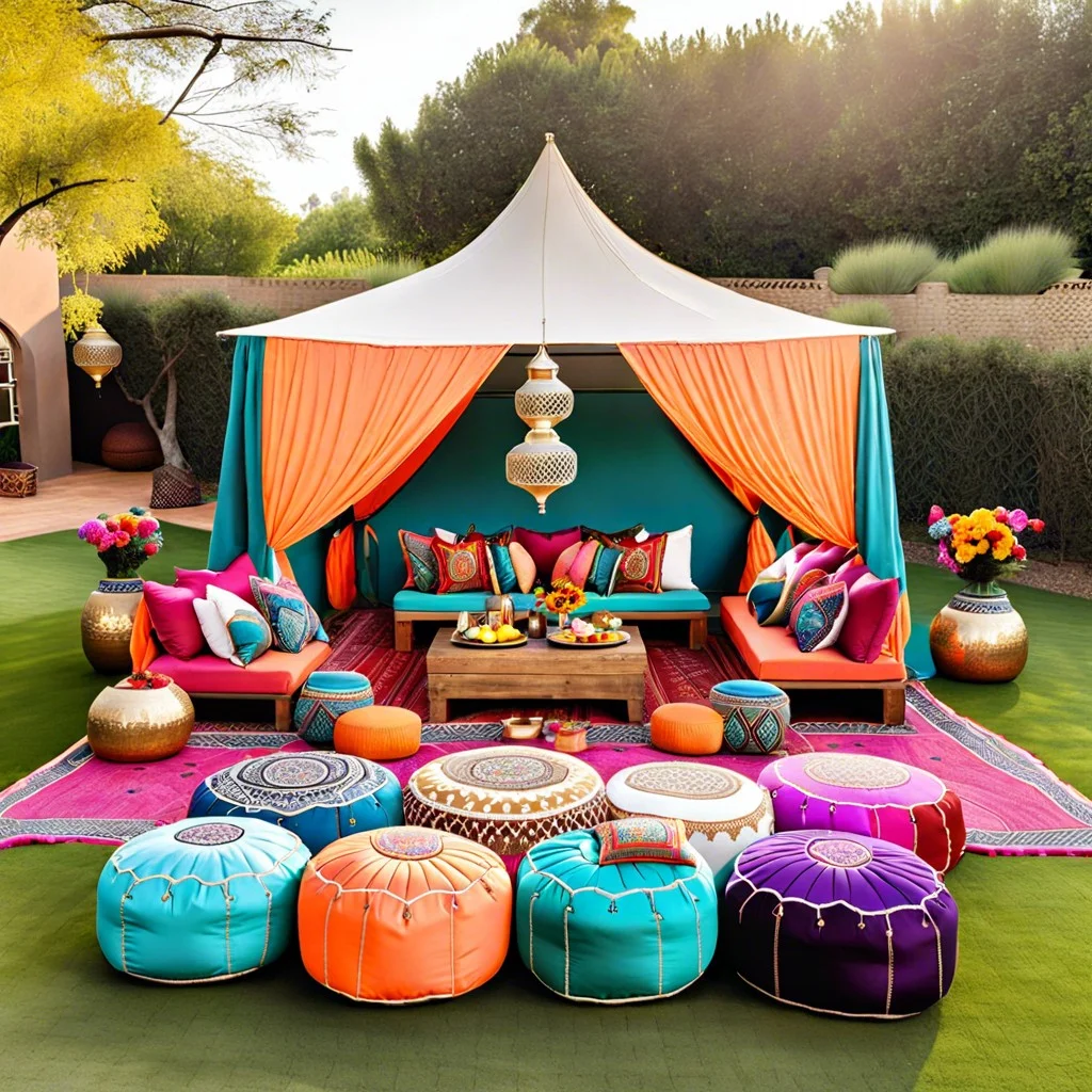 moroccan poufs and colorful silk pillows