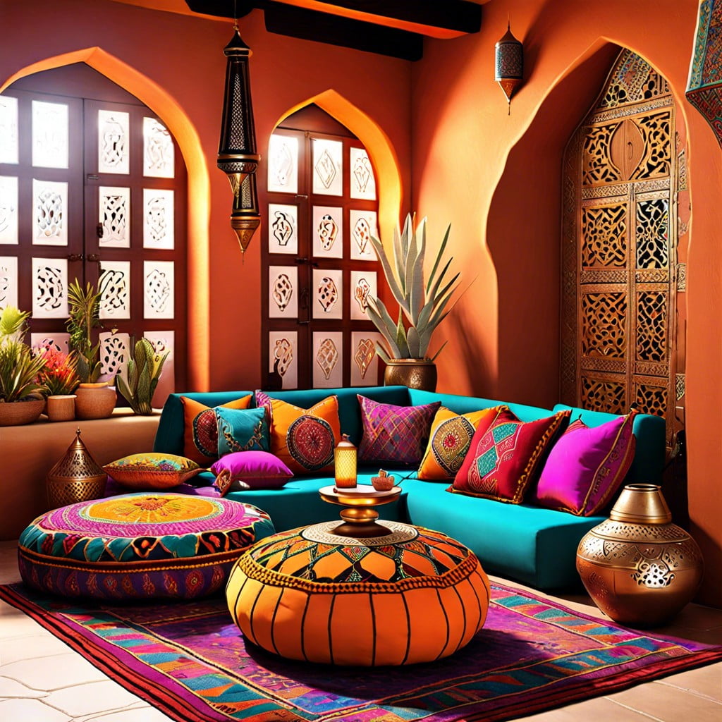 moroccan themed lounge areas with colorful pillows