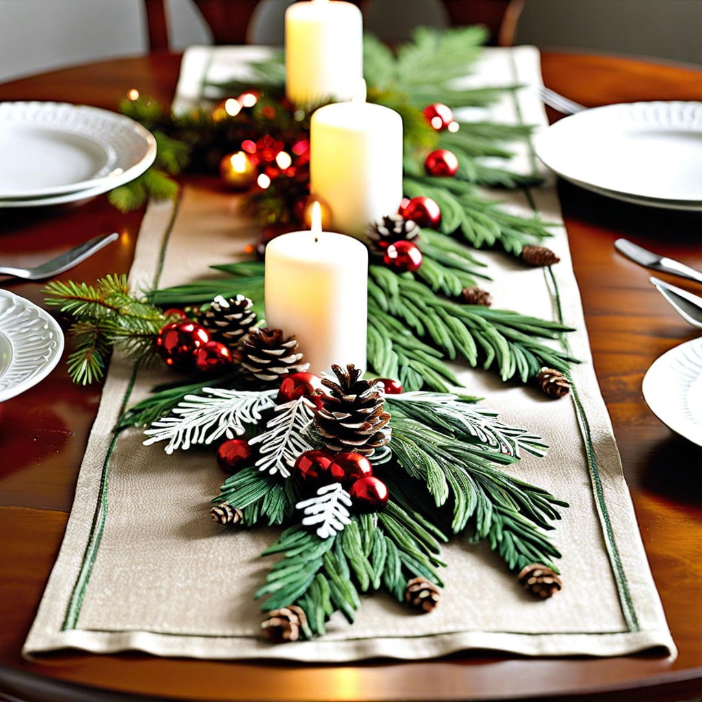 nature inspired table runner with evergreen branches