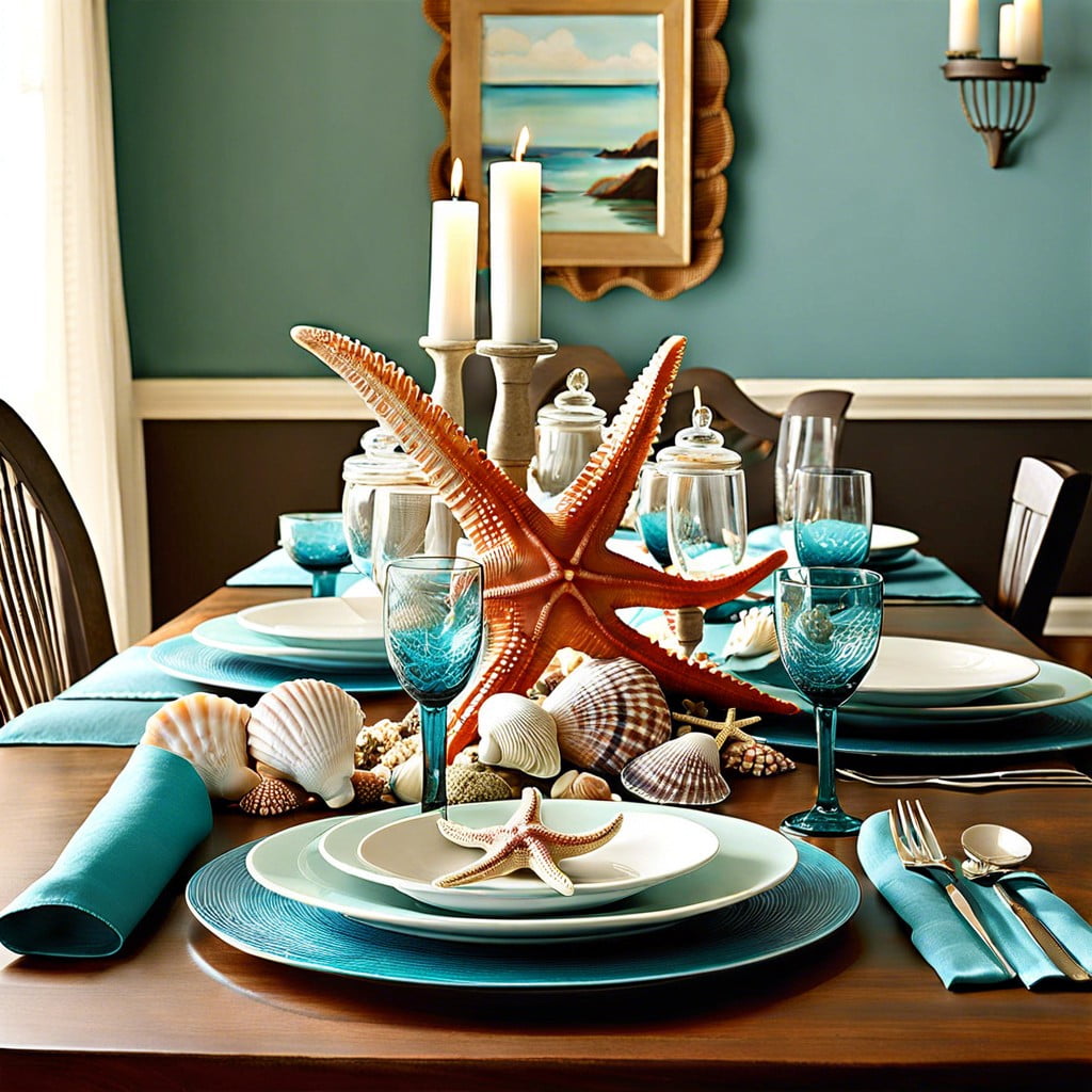 ocean inspired table settings with seashells and starfish