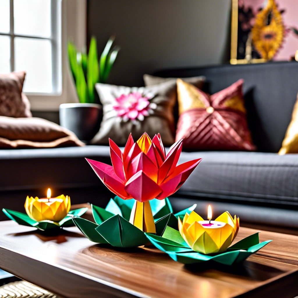 origami lotus flowers on coffee tables