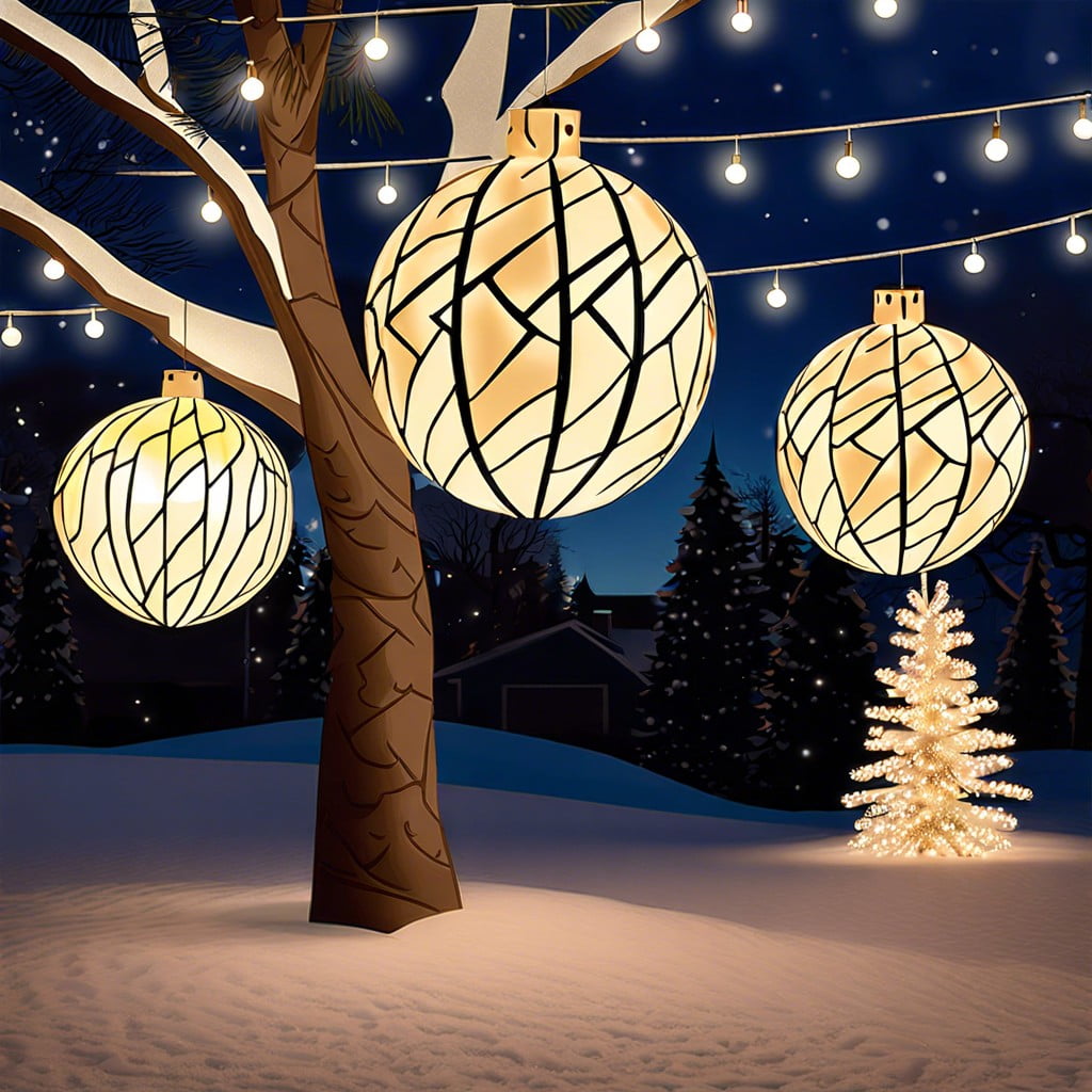 oversized lit ornaments hanging from trees