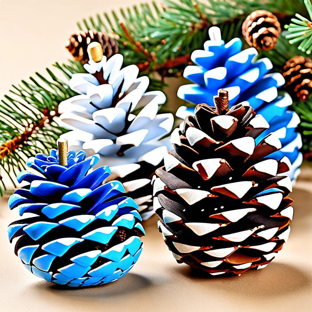 painted pine cones in blue and white